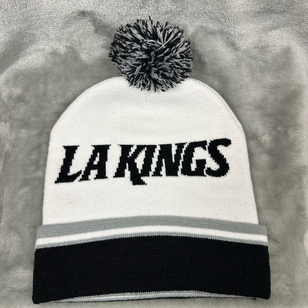 Los Angeles Kings Hat Beanie Unisex Black White Gray NHL Hockey Pom Pom Cuffed